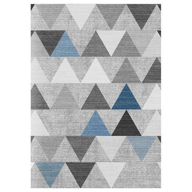 Geometric rectangle design carpet with grey and blue triangles Area