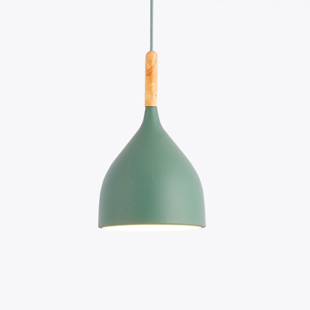 Lámpara de suspensión LED de metal coloreado y palo de madera nórdico