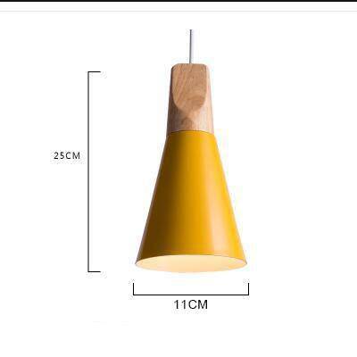 Cone-shaped wood and aluminum pendant light