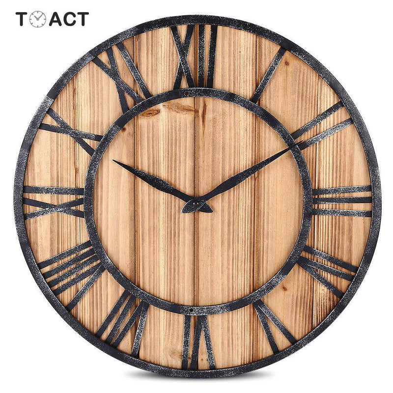 Round wood and metal wall clock with Roman numerals in industrial style 40cm