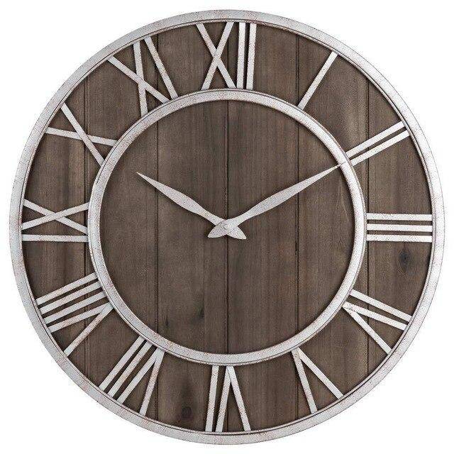 Round wood and metal wall clock with Roman numerals in industrial style 40cm