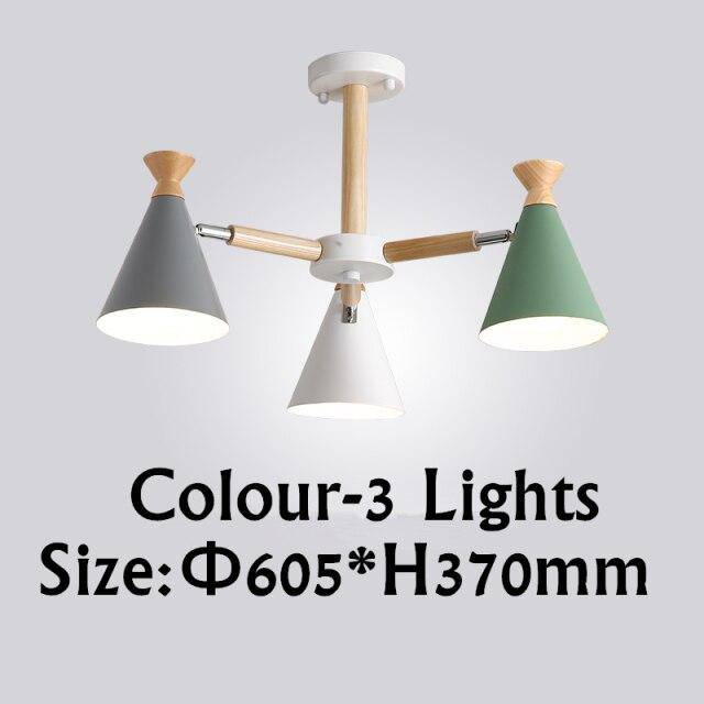 Modern wooden LED chandelier with lampshade coloured metal