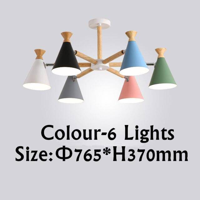 Modern wooden LED chandelier with lampshade coloured metal