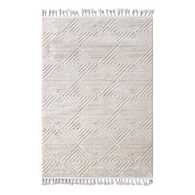 Tapis rectangle berbère blanc à motifs carreaux en relief et franges