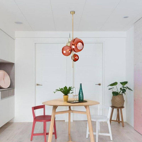 pendant light LED design with gold stem and three red glass balls