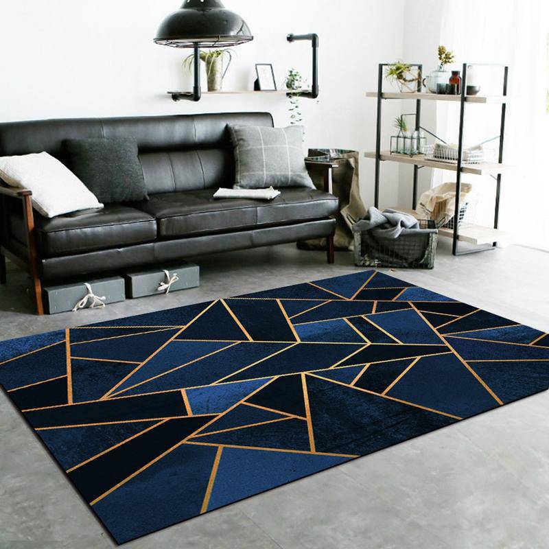 Blue and gold geometric rectangle rug