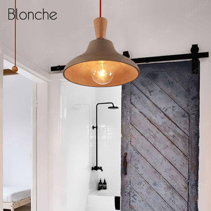 pendant light LED design in cement and wood Loft Decor style