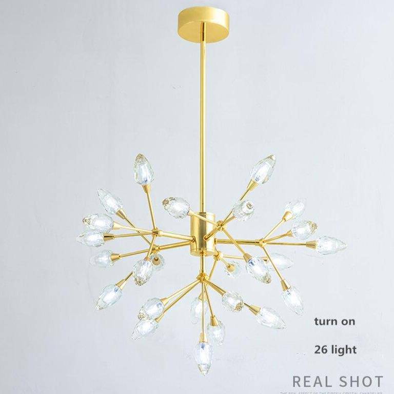 Araña design LED dorada con varias bombillas de cristal