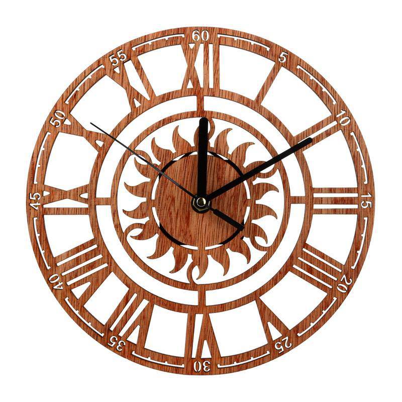 Round wooden wall clock with sun and Roman numerals Novel