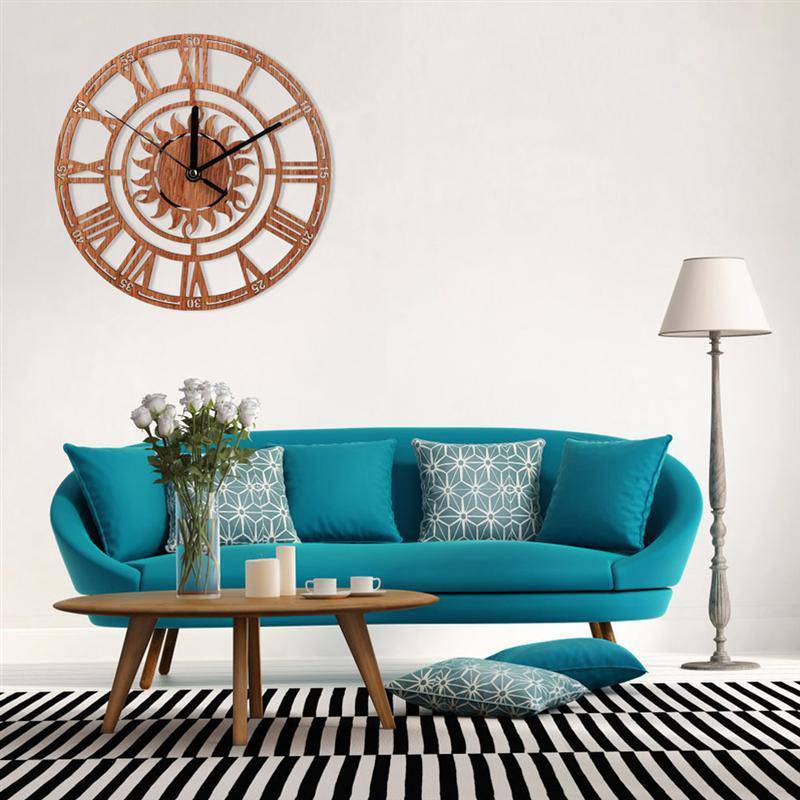 Round wooden wall clock with sun and Roman numerals Novel