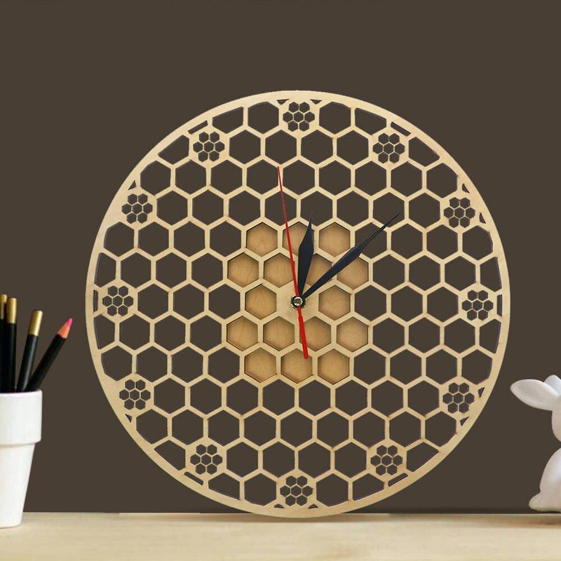 Round wooden wall clock with hexagons 30cm Honey