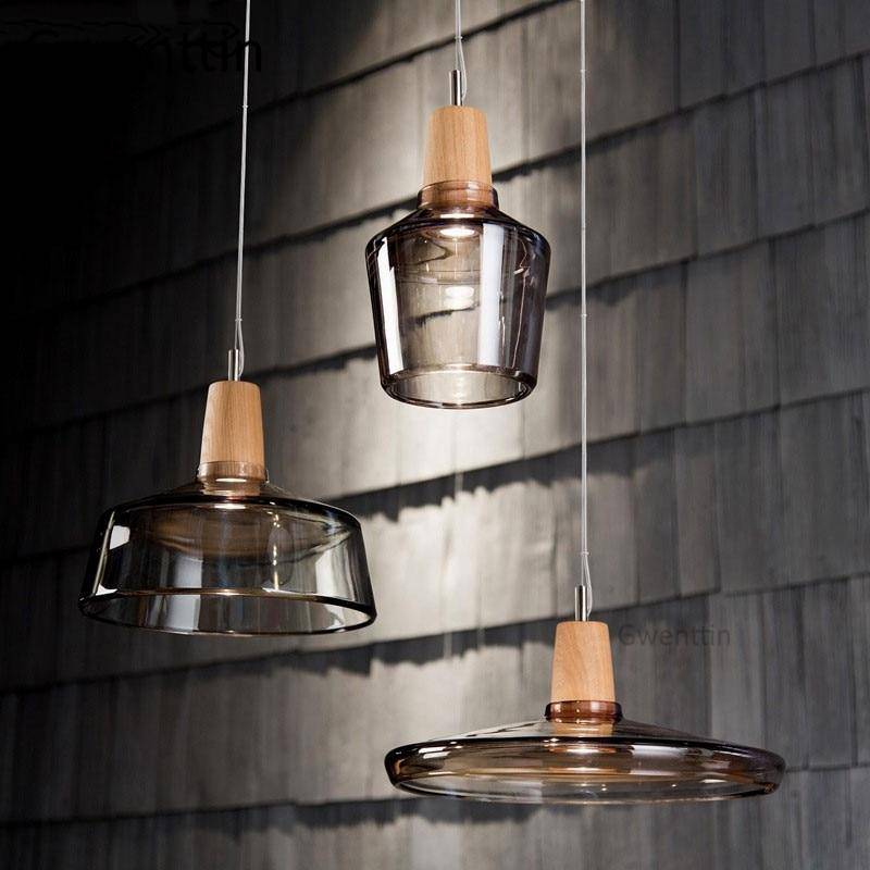 Suspension design LED en bois avec abat-jour arrondi en verre Nordic