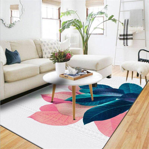 Modern rectangle rug with blue and pink leaves Anto