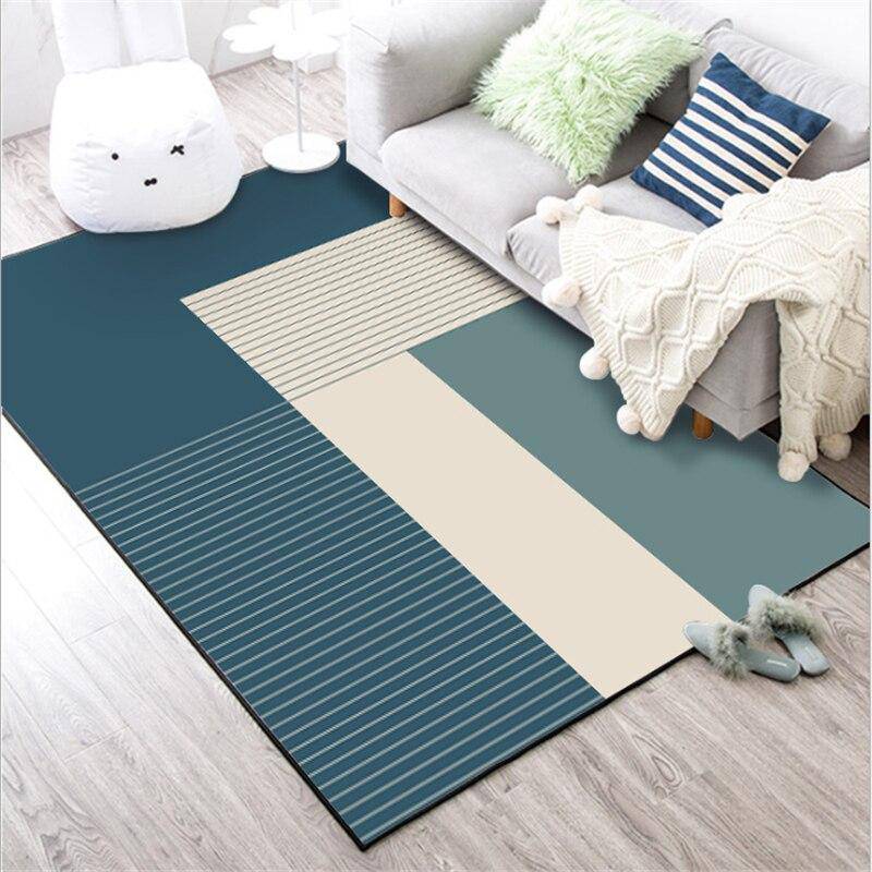 Modern design rectangle carpet with blue geometrical shapes