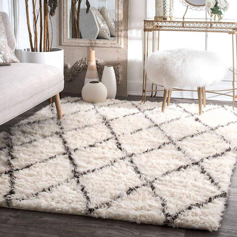 White rectangle shaggy carpet with black checkerboard