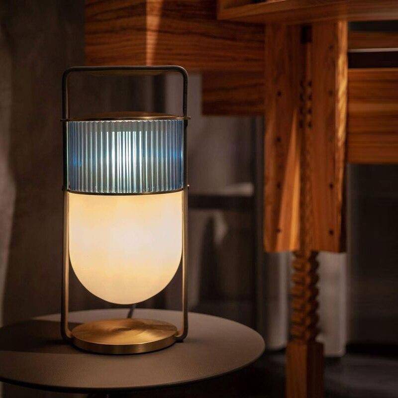 Lantern style glass LED table lamp