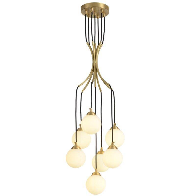 Suspension design LED avec plusieurs tiges dorées et boules lumineuses Spiral