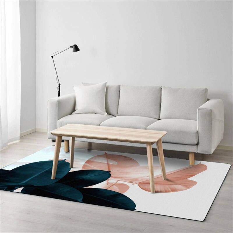 Modern rectangle rug with pink and blue leaves Anto