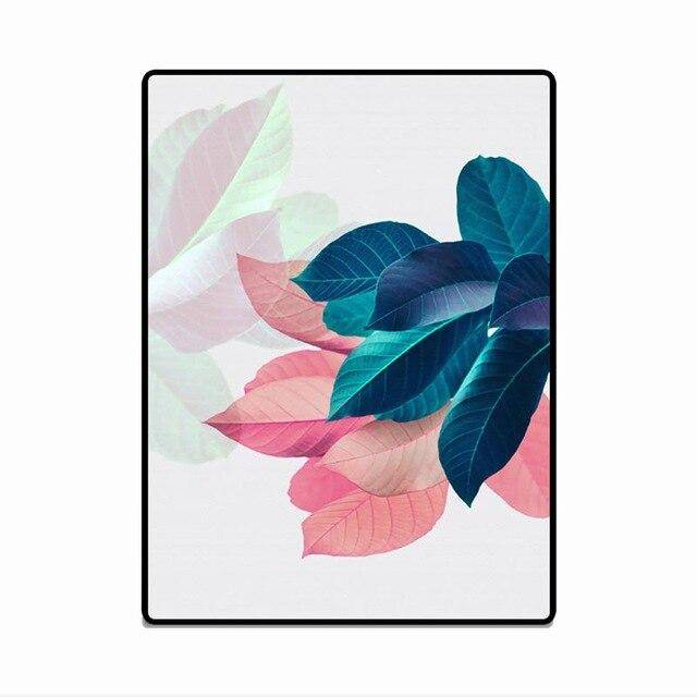 Modern rectangle rug with blue and pink leaves Anto