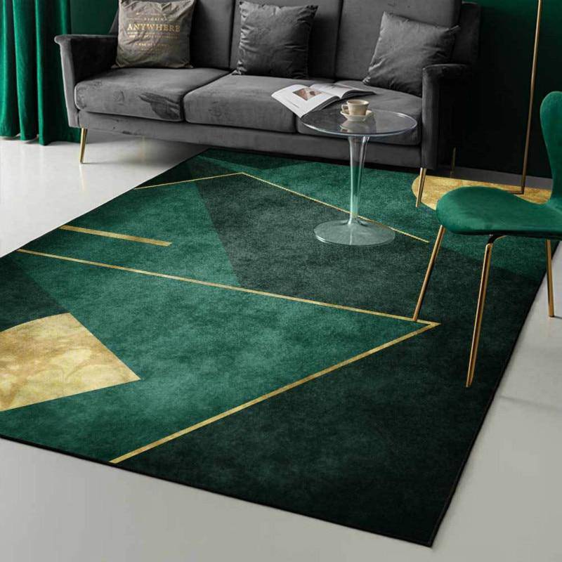 Alfombra rectangular con formas geométricas verdes y doradas