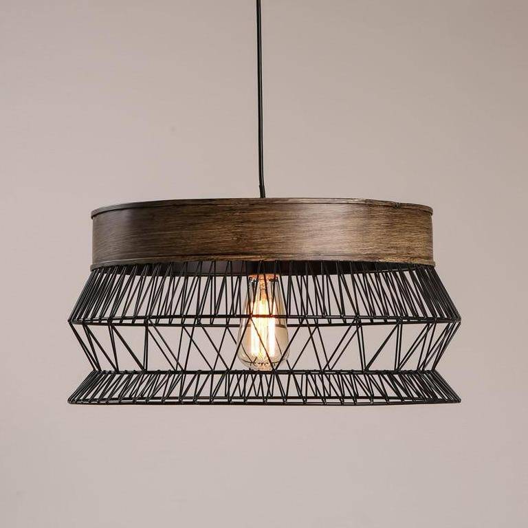 pendant light LED backlight with wooden disc and metal cage