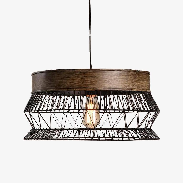 pendant light LED backlight with wooden disc and metal cage