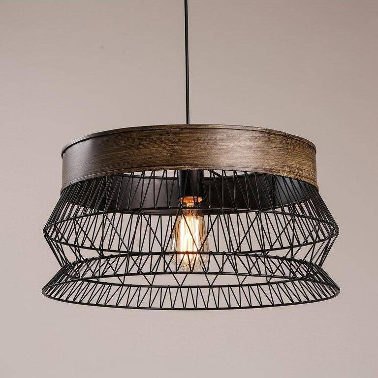 pendant light LED backlight with wooden disc and metal cage