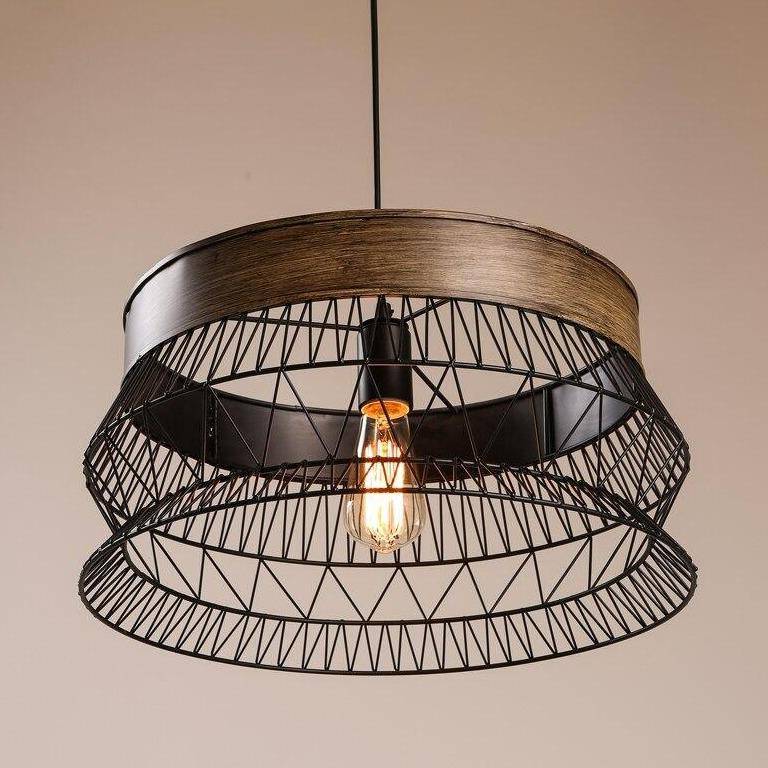 pendant light LED backlight with wooden disc and metal cage