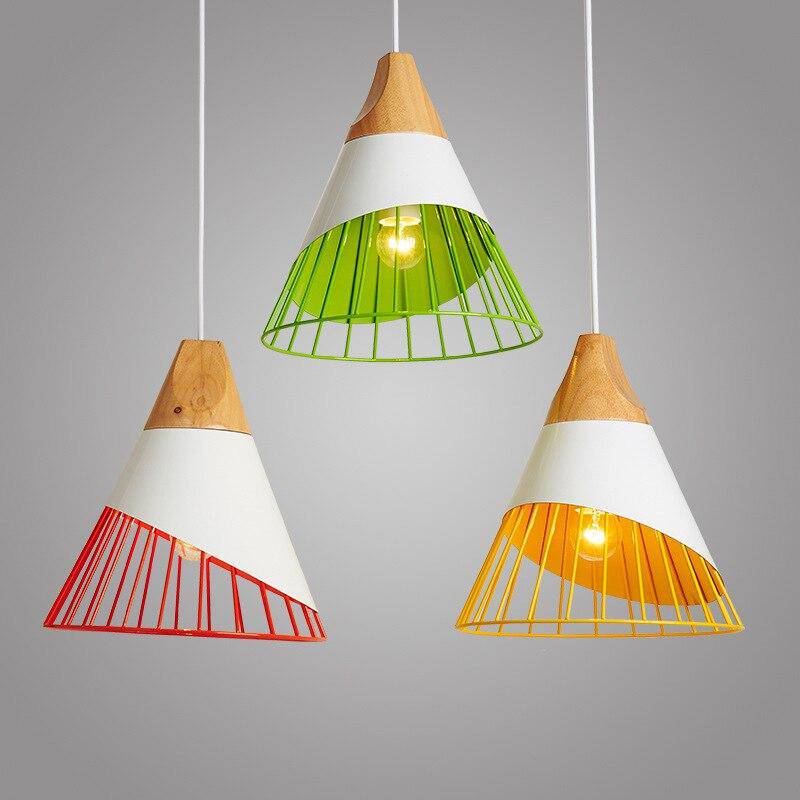 pendant light wooden cone and colored aluminum cage