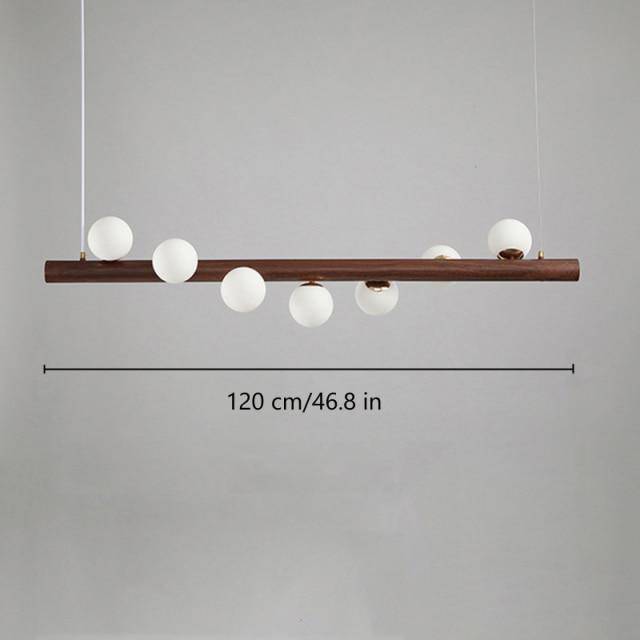Wooden LED chandelier with several spheres in Scandinavian style