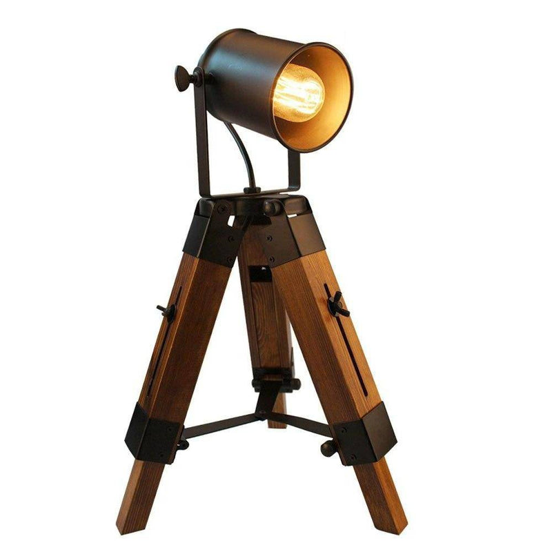 Retro tripod LED table lamp in wood and lampshade Country