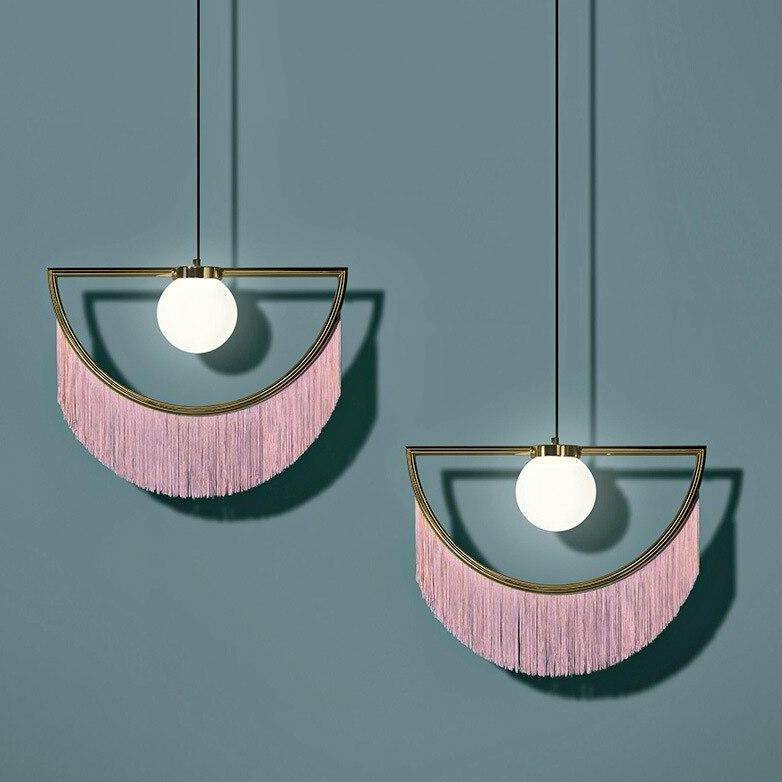 pendant light LED design with metal half-circle and colored pendant