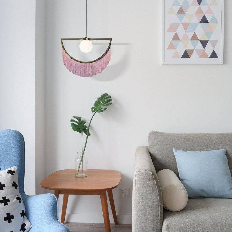 pendant light LED design with metal half-circle and colored pendant