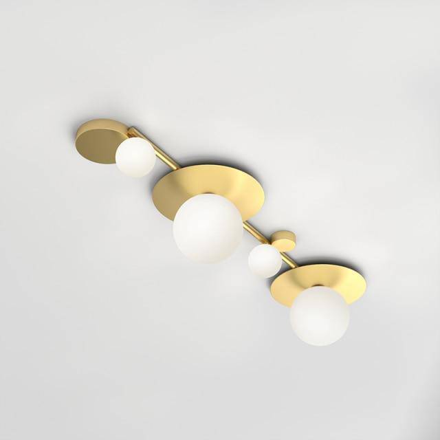 Design ceiling lamp with LEDs in gold metal and glass balls in geometric style