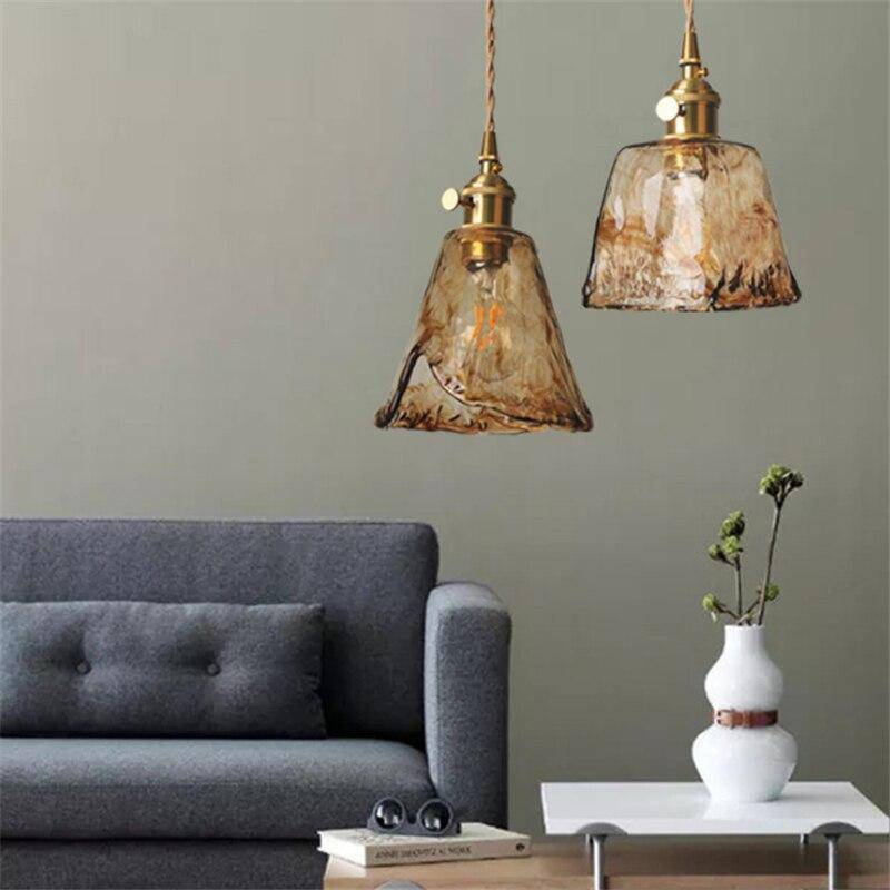 pendant light LED design with lampshade in amber glass Retro