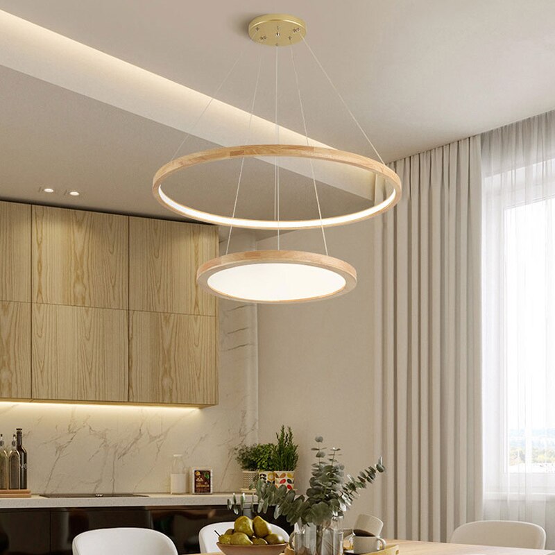 Scandinavian chandelier with 2 wooden light rings Arya