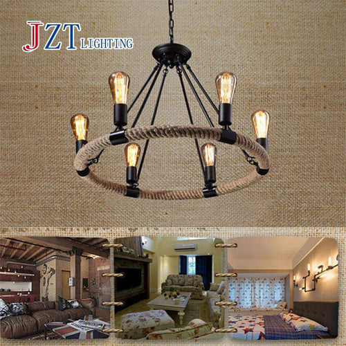 Rustic metal pendant lamp with round rope