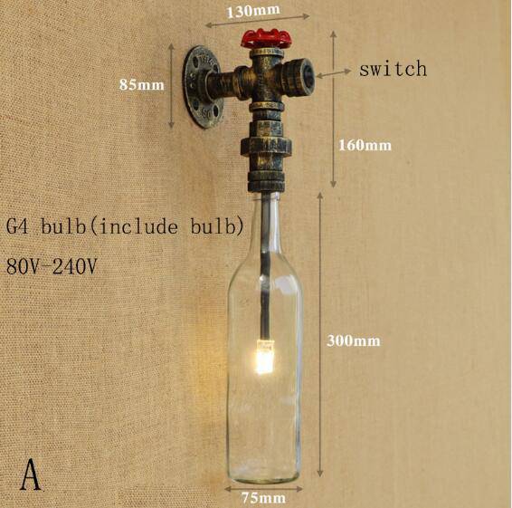 Lámpara de pared LED con botella de vidrio en la tubería