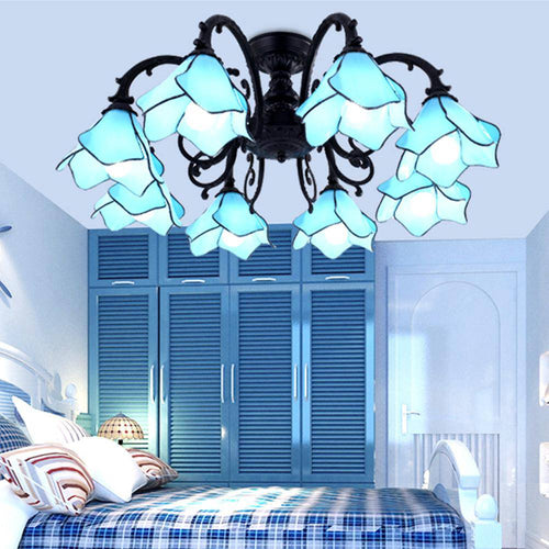 LED chandelier with glass lamps in the shape of flowers (blue, pink or yellow)