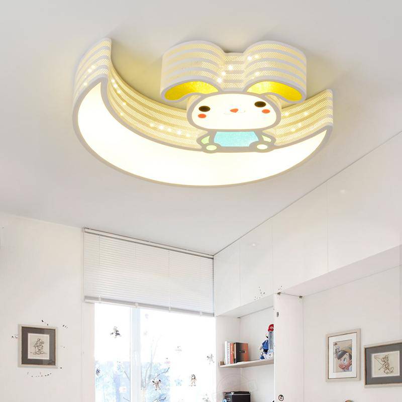 Lámpara de techo infantil con forma de luna y de conejito blanco