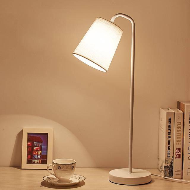 LED bedside and desk lamp with straight base and lampshade