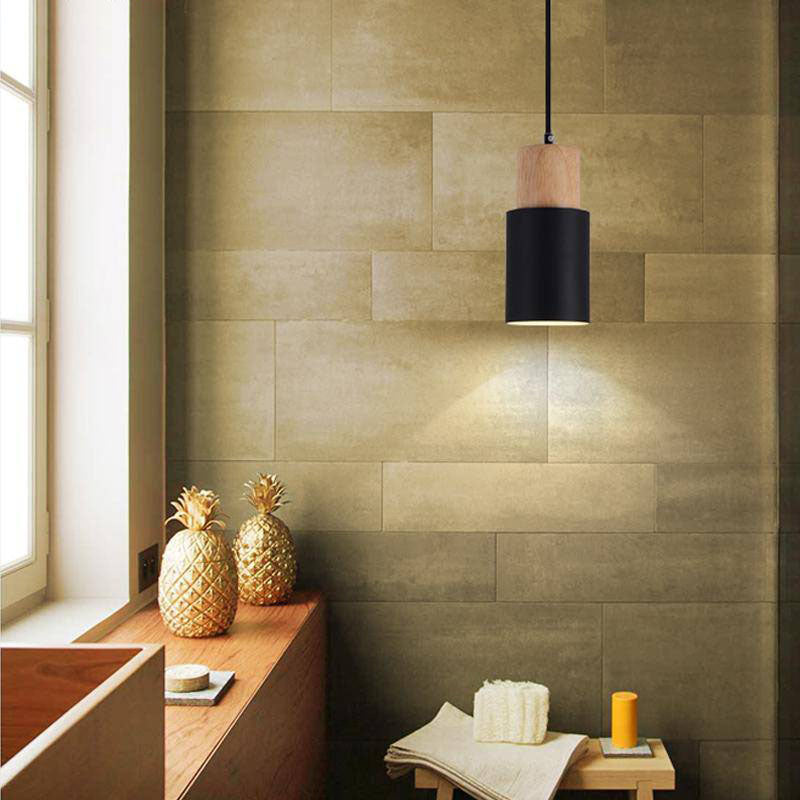 pendant light cylindrical wood and metal in Wood color