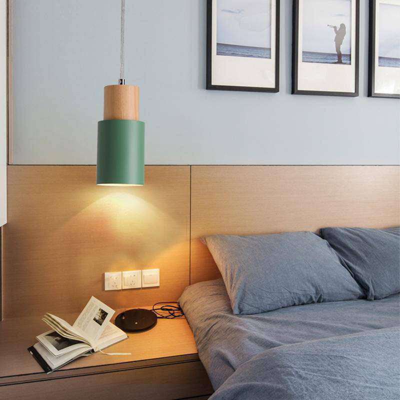 pendant light cylindrical wood and metal in Wood color