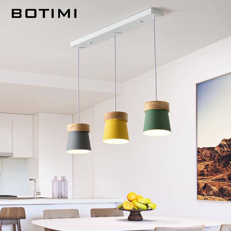 Triple LED pendant light in wood and color metal