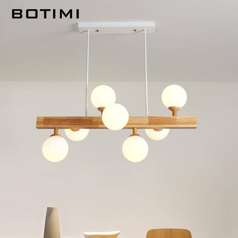 Wood LED chandelier with lamp in glass ball