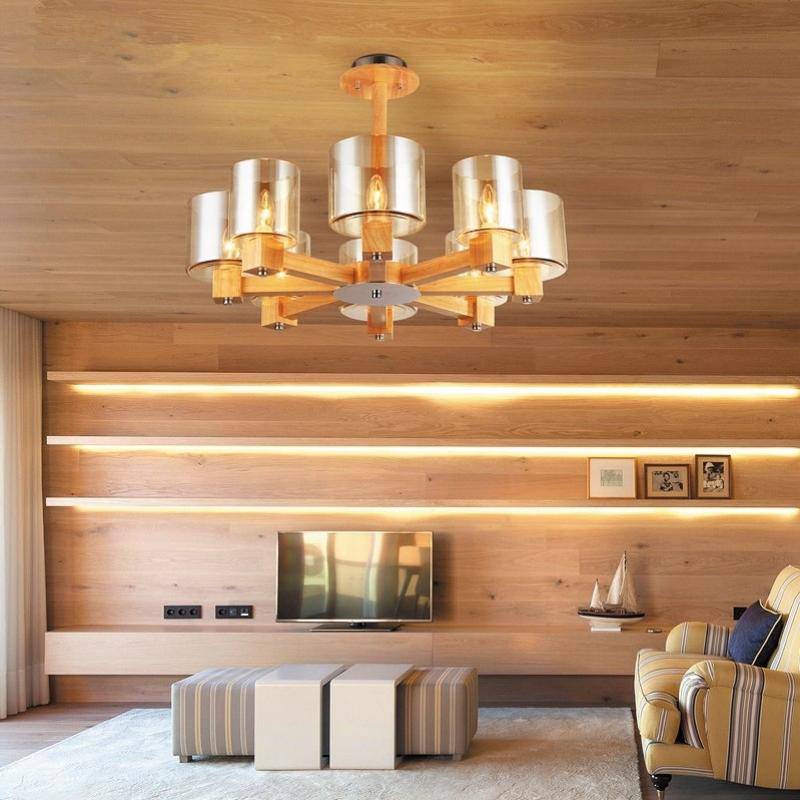 Design chandelier in wood and lampshade in glass