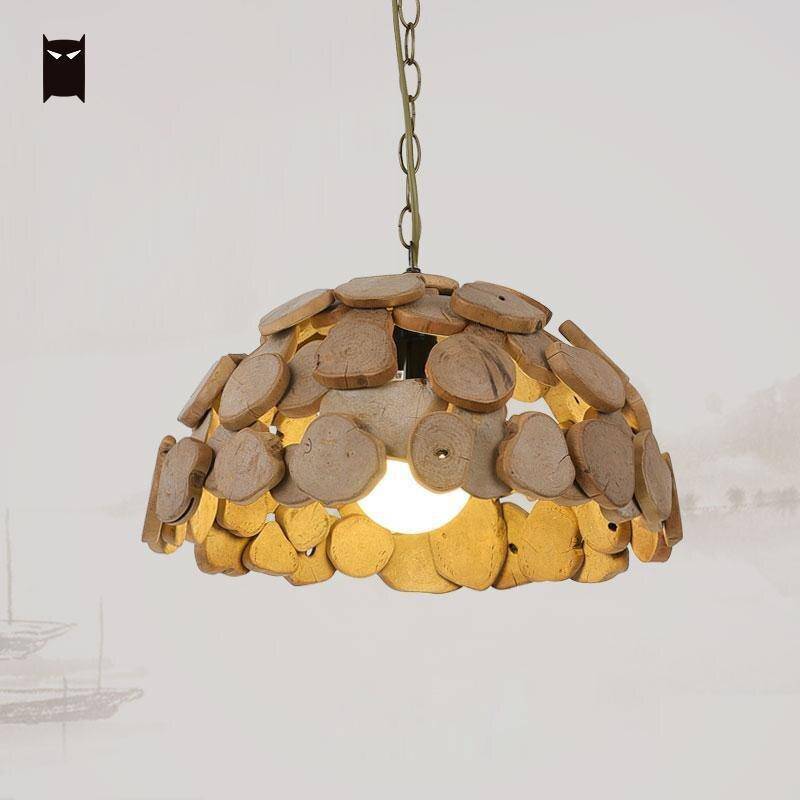 pendant light LED design with lampshade rounded wood Hang