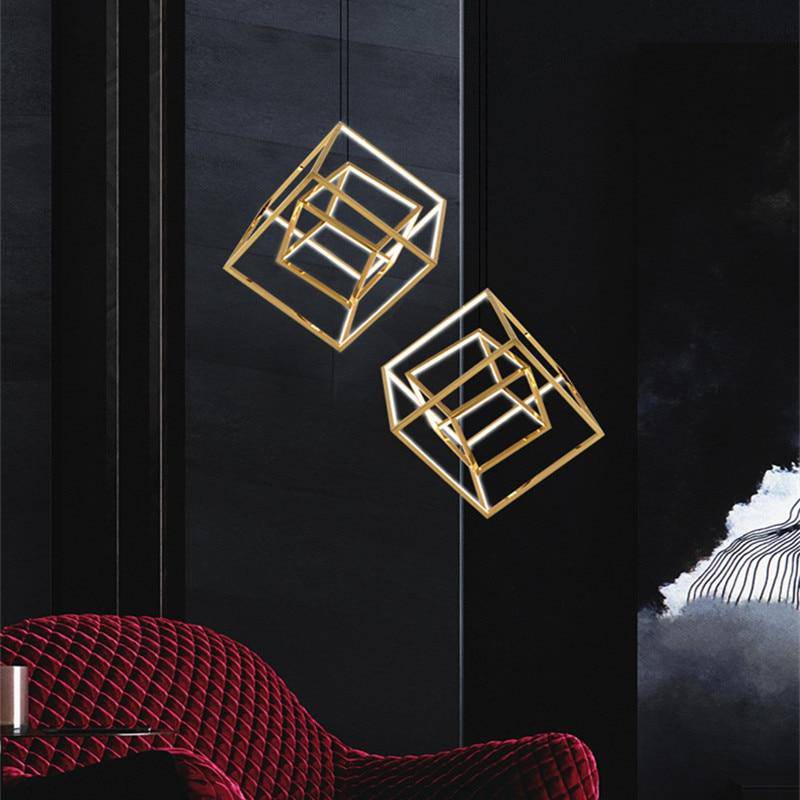 LED design pendant in the shape of golden cube branches