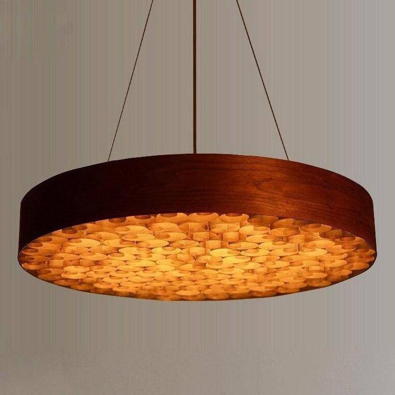 pendant light LED backlight with thick-edged wooden circle in the style of a candlestick