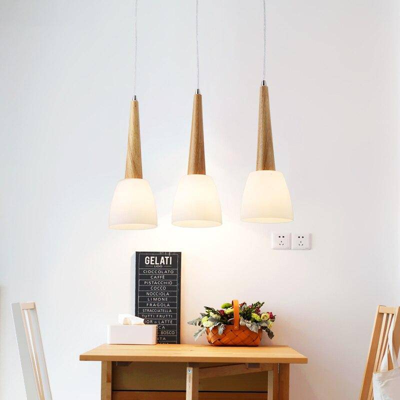 pendant light LED design glass and wood cone